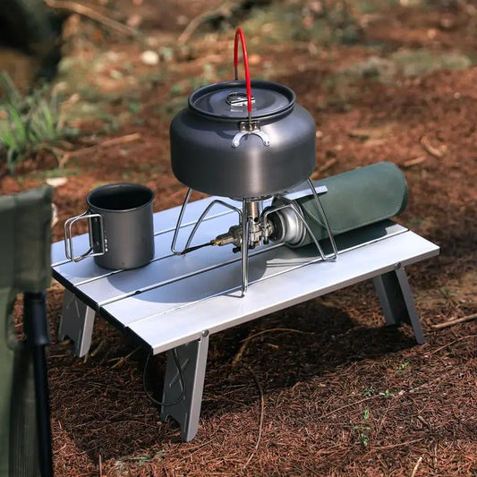 Black Portable Aluminum Folding Picnic Table with camp stove setup and mug on Tampa Home & Garden Store