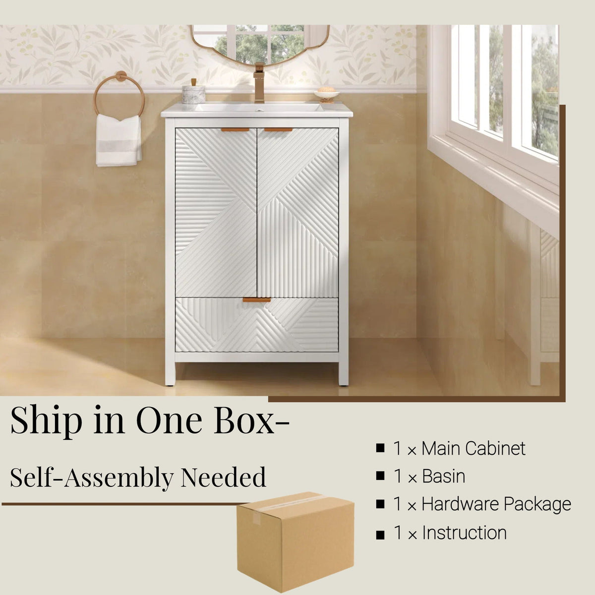 White modern bathroom vanity with sink, diagonal ribbed doors, copper faucet by HouseOfZazla on Tampa Home & Garden Store