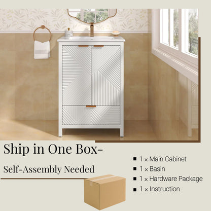 White modern bathroom vanity with sink, diagonal ribbed doors, copper faucet by HouseOfZazla on Tampa Home & Garden Store