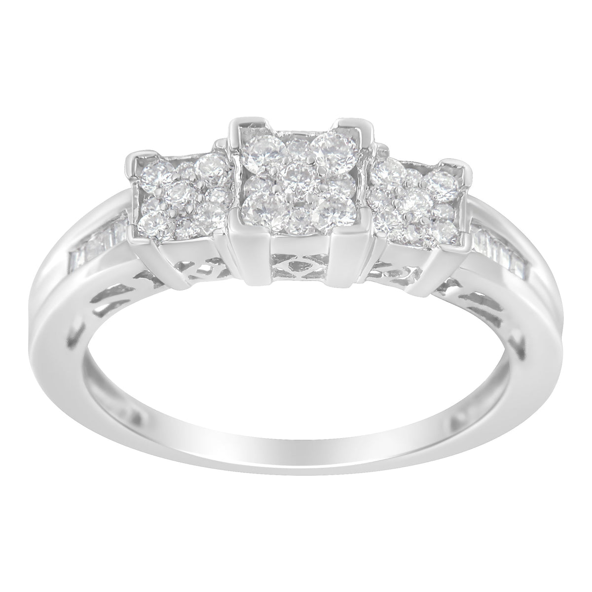 Engagement ring 10K white gold 1/2 cttw diamonds; 3-stone design with 3 square clusters on Tampa Home & Garden Store
