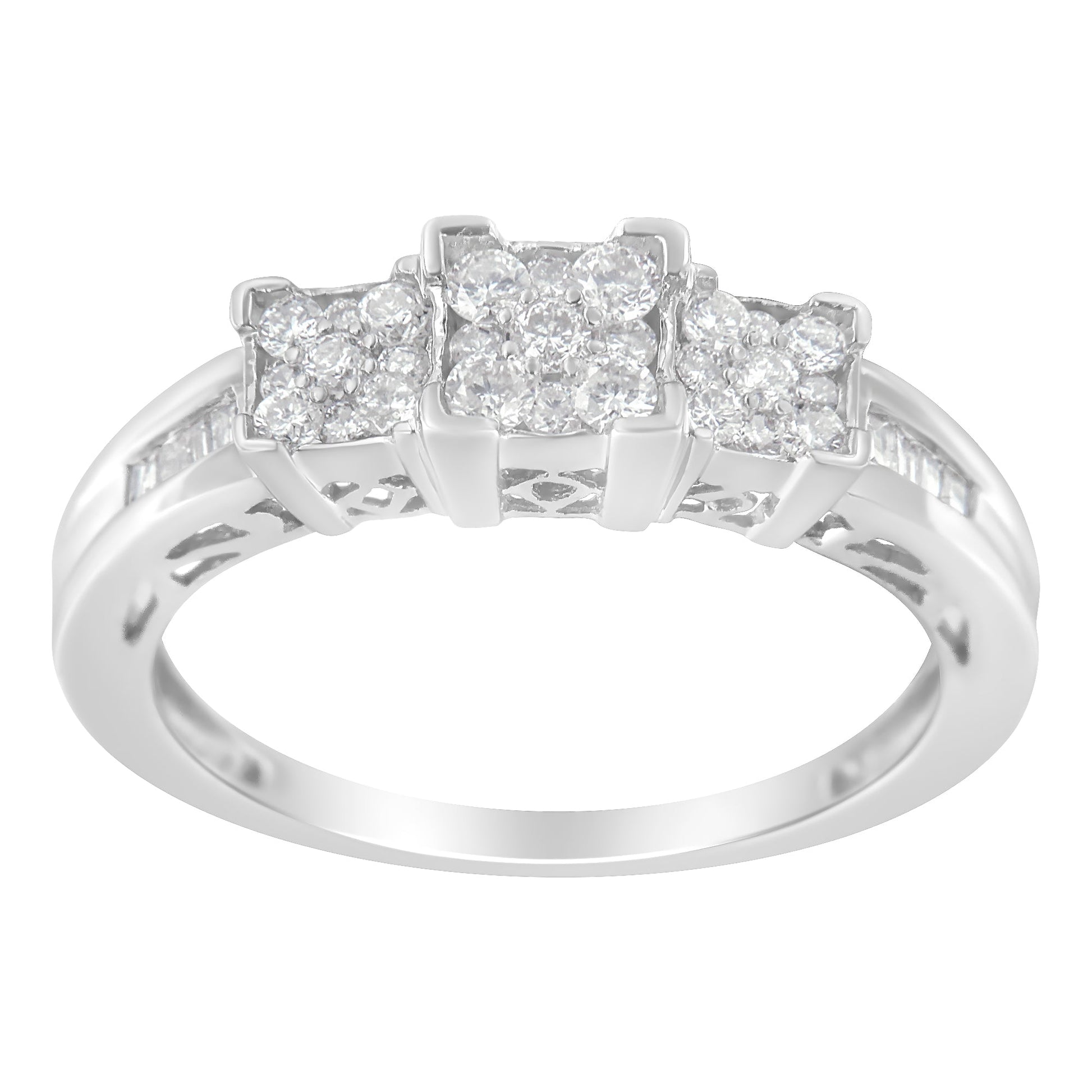 Engagement ring 10K white gold 1/2 cttw diamonds; 3-stone design with 3 square clusters on Tampa Home & Garden Store