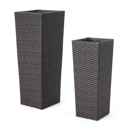 Rattan flower pot brown planter set of 2 by HouseOfZazla, square woven wicker design on Tampa Home & Garden Store