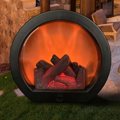 FlipStylezLLC 3D flame LED fireplace lantern with faux logs, round black metal frame on Tampa Home & Garden Store