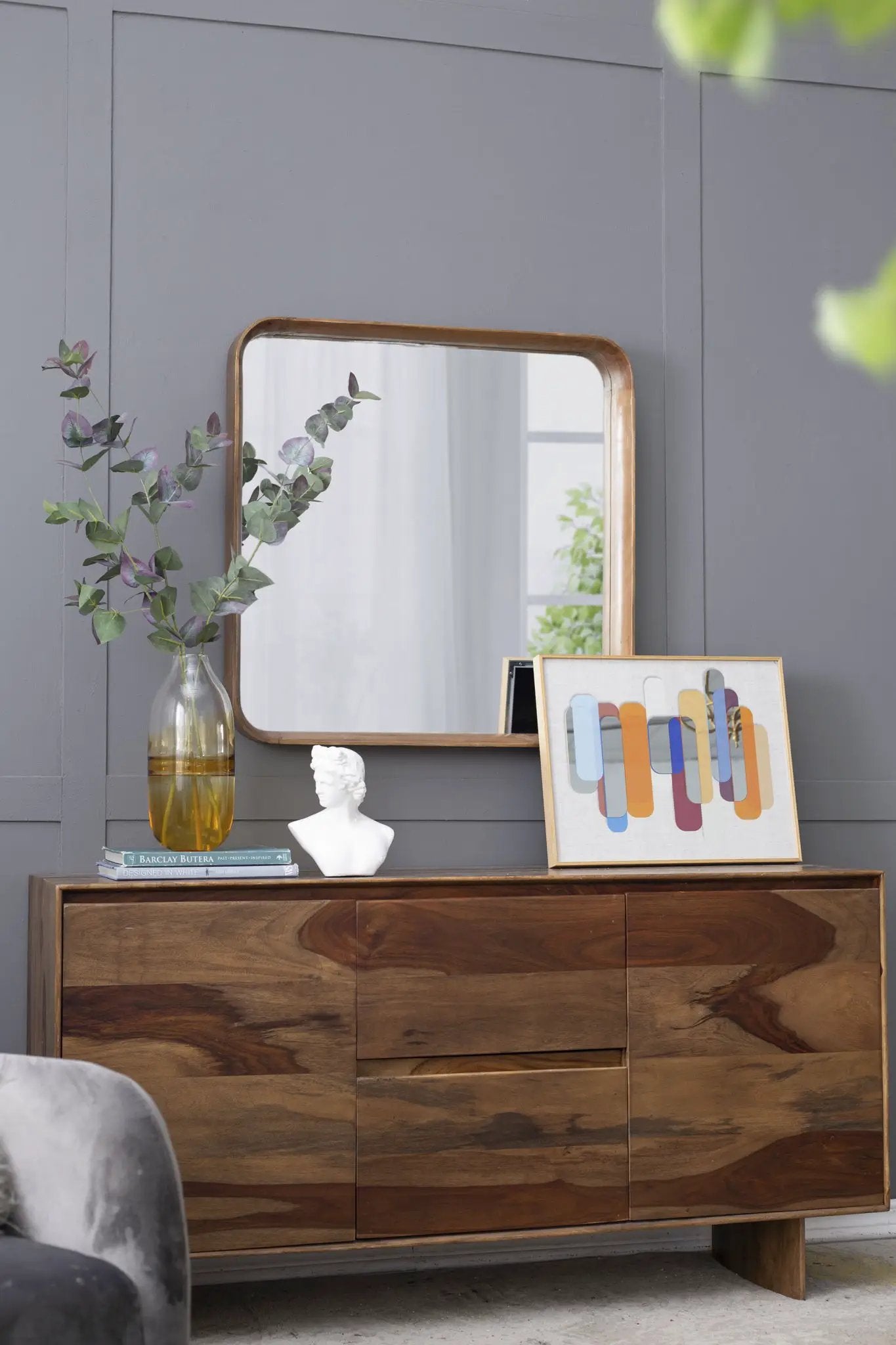 Square Mirror with Wood Frame Living Room Brown