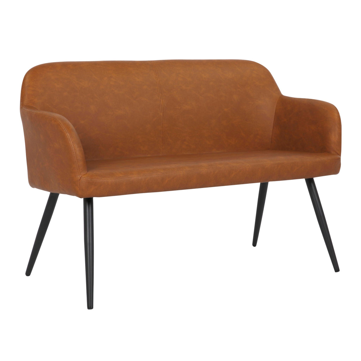 Industrial high-back upholstered bench in camel faux leather with black metal legs on Tampa Home & Garden Store