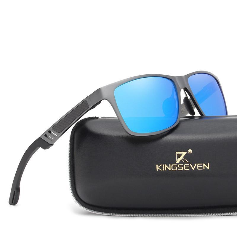 Sunglasses Stevvex aluminium polarized with blue mirrored lenses on KINGSEVEN case on Tampa Home & Garden Store