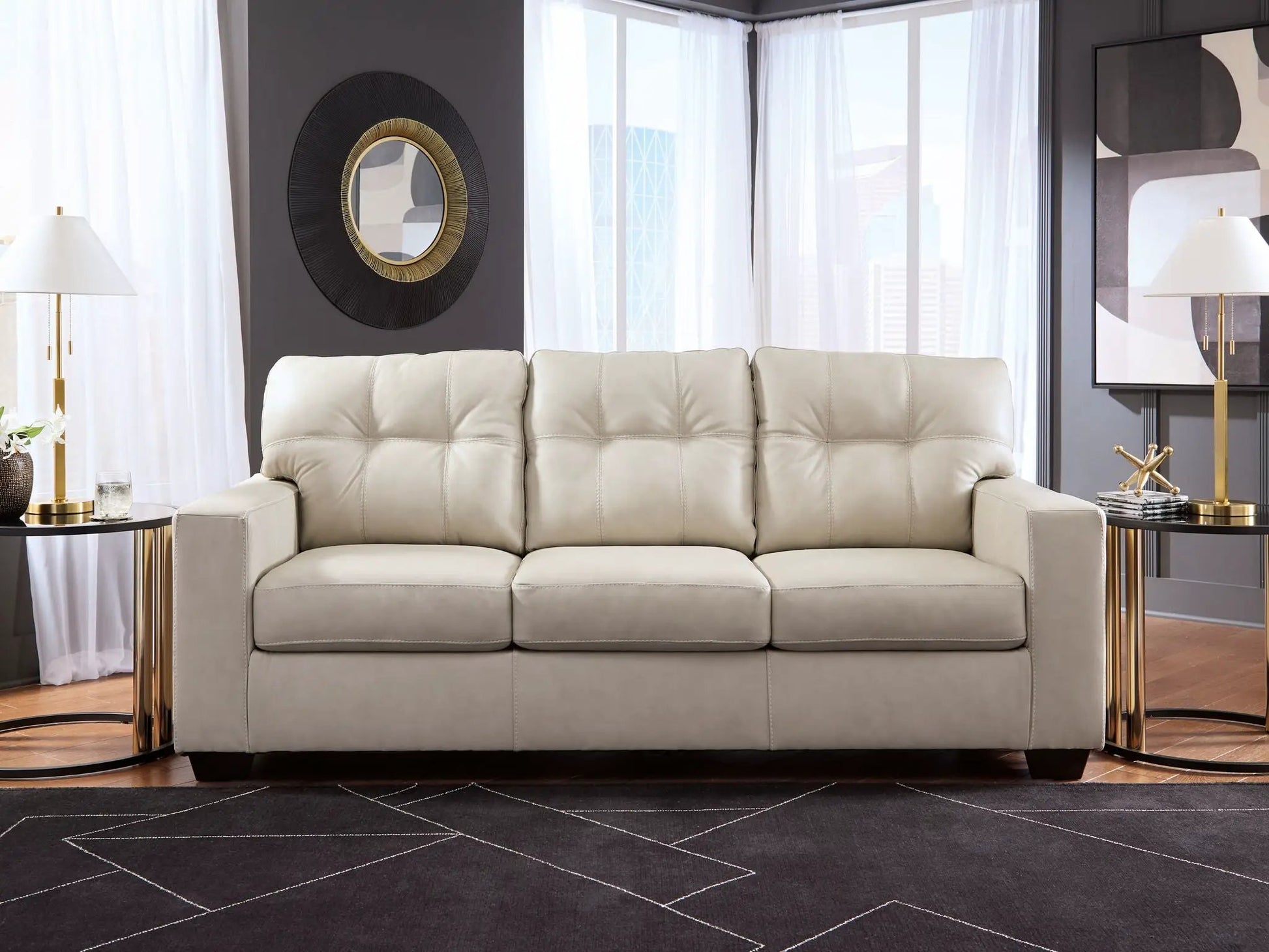 Santorine Sofa Sleeper beige leather with grid-stitched cushions and gold-tone legs on Tampa Home & Garden Store