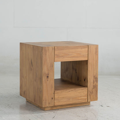 Harlan Oak end table with storage in light brown wood, cube design by HouseOfZazla on Tampa Home & Garden Store