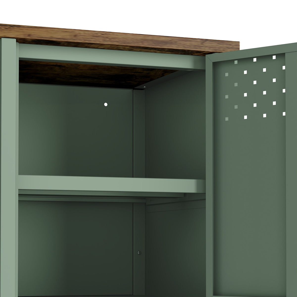Storage cabinet TV stand with steel frame in green finish and dual cabinet doors on Tampa Home & Garden Store
