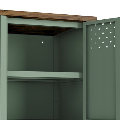Storage cabinet TV stand with steel frame in green finish and dual cabinet doors on Tampa Home & Garden Store