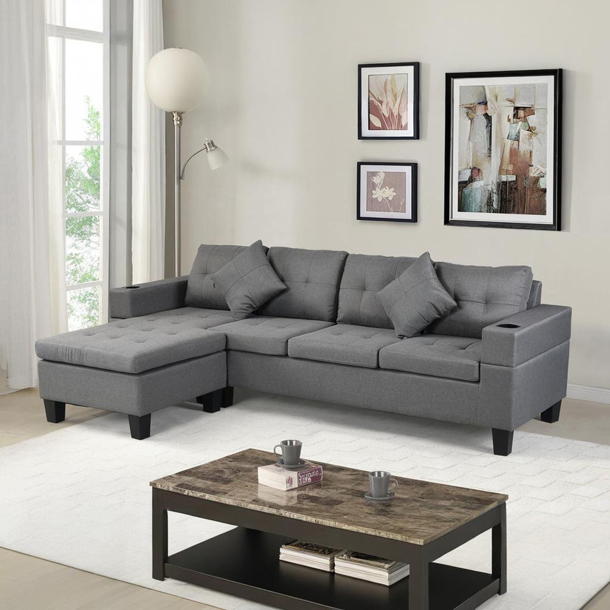 Modern sectional sofa set with L-shaped chaise lounge, gray upholstery, 4-seat, cup holders on Tampa Home & Garden Store