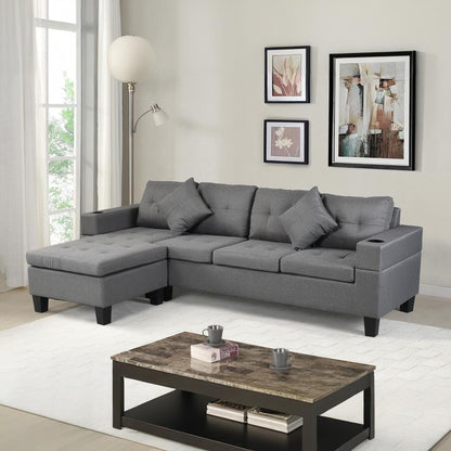 Modern sectional sofa set with L-shaped chaise lounge, gray upholstery, 4-seat, cup holders on Tampa Home & Garden Store