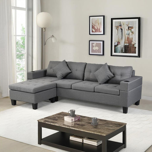 Modern sectional sofa set with L-shaped chaise lounge, gray upholstery, 4-seat, cup holders on Tampa Home & Garden Store