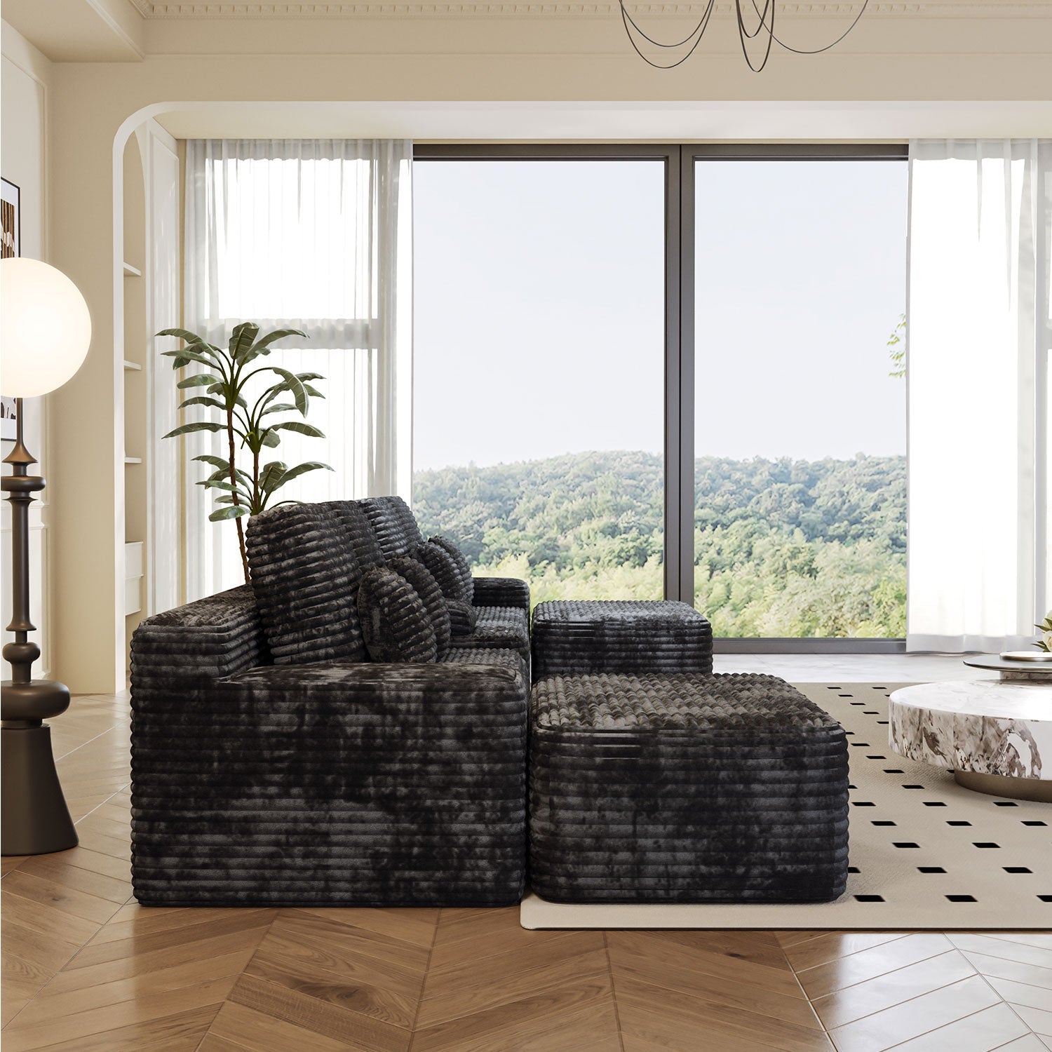 150'' Width 5-Piece Sectional Sofa with 2 Ottomans in black textured fabric by HouseOfZazla on Tampa Home & Garden Store