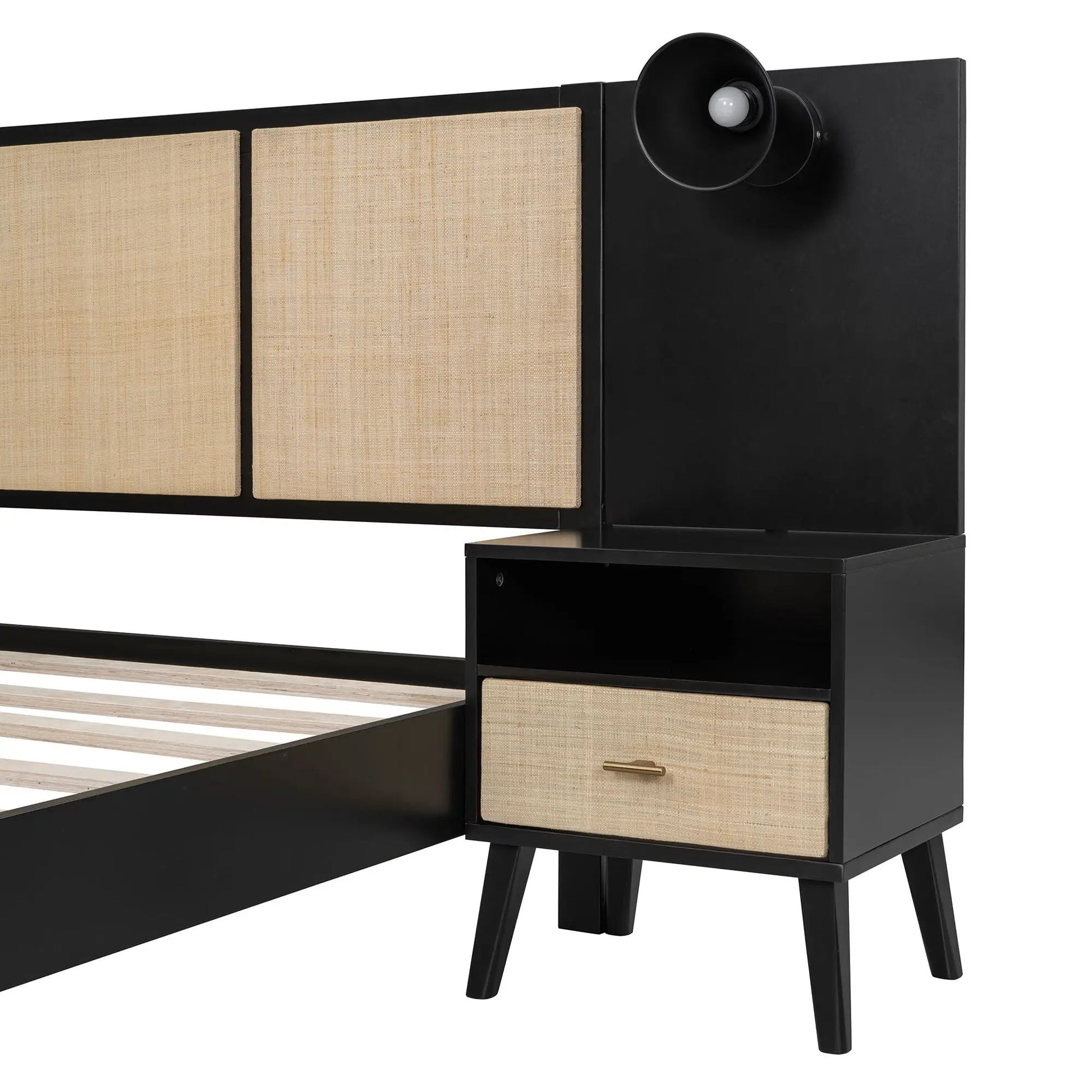 Bed frame with 2 nightstands and lamps, black-beige woven panels by Unique Piece Furniture on Tampa Home & Garden Store