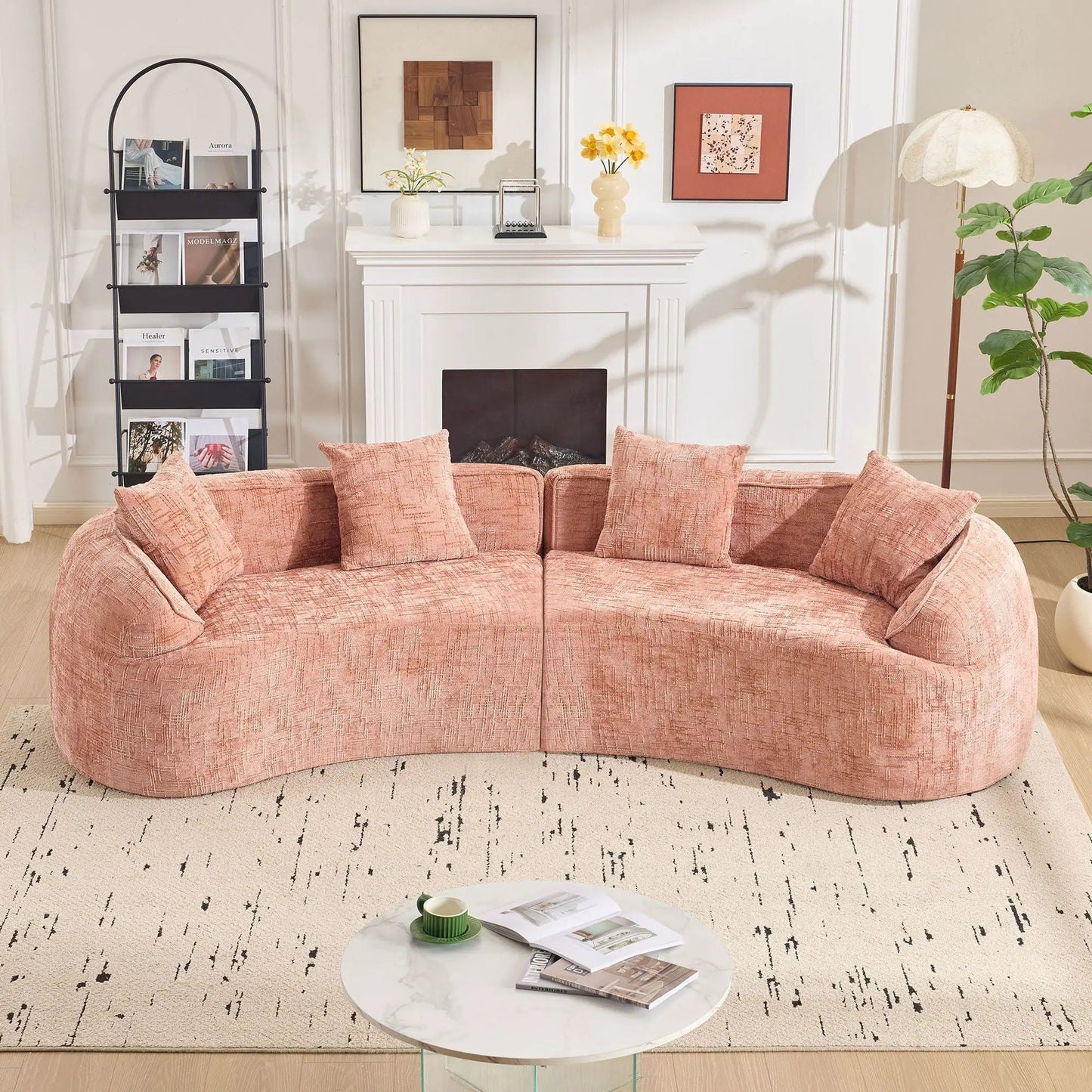 Curved Compressed Sofa by Unique Piece Furniture in soft pink fabric, Nordic-style living room on Tampa Home & Garden Store
