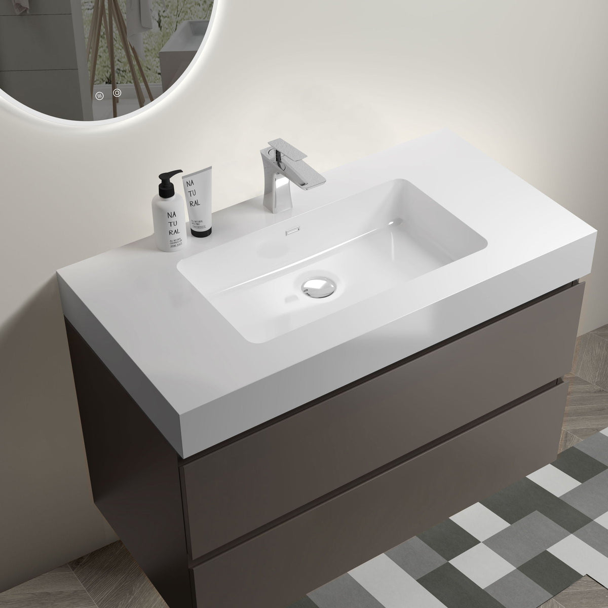 Alice bathroom vanity with sink by HouseOfZazla, white vanity with round mirror on Tampa Home & Garden Store