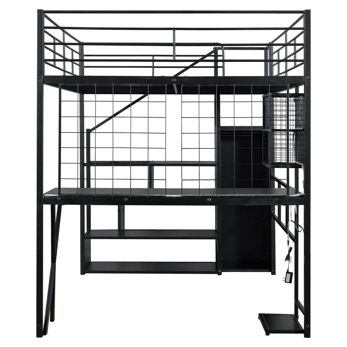 Loft bed with built-in work station and LED in black metal frame with storage staircase on Tampa Home & Garden Store