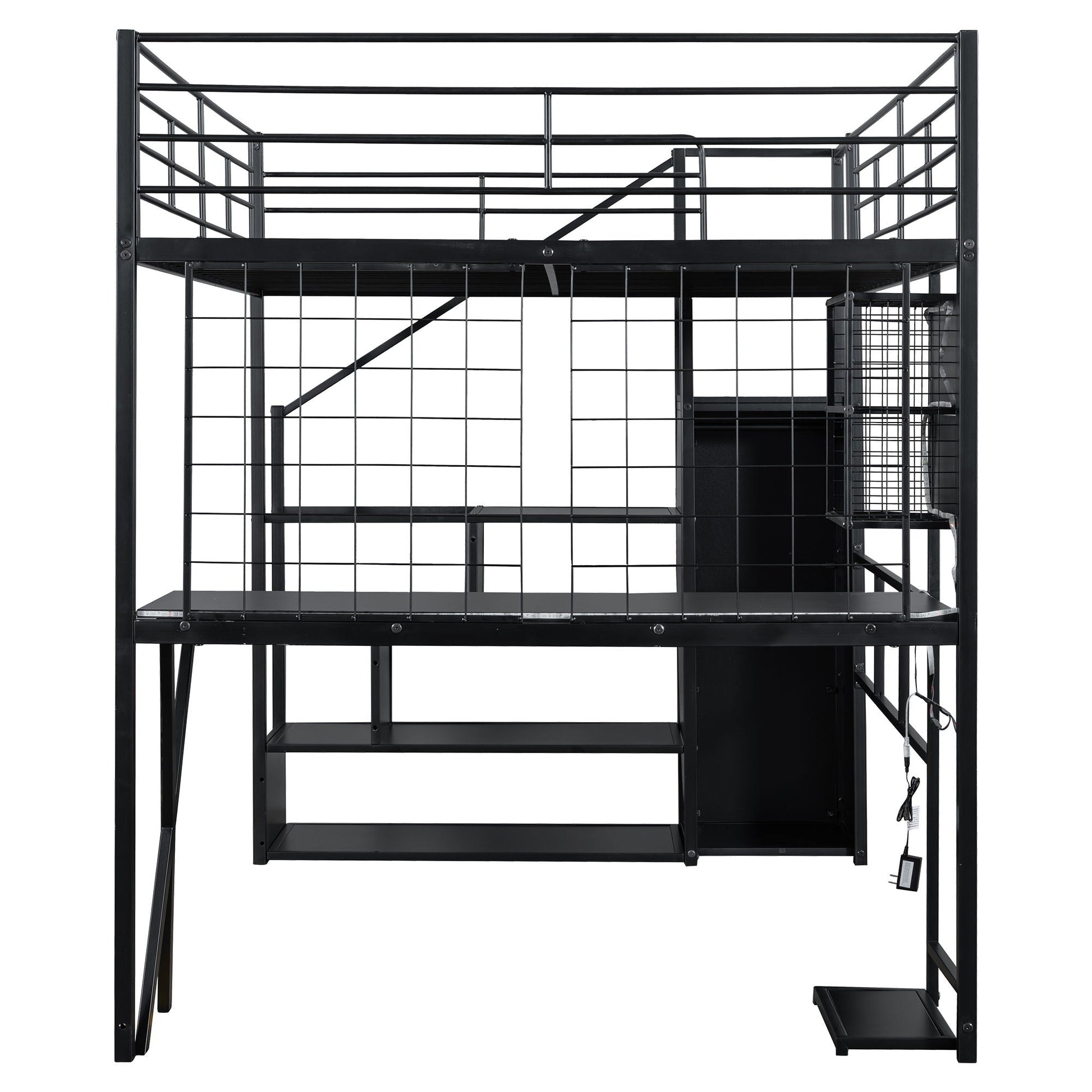 Loft bed with built-in work station and LED in black metal frame with storage staircase on Tampa Home & Garden Store