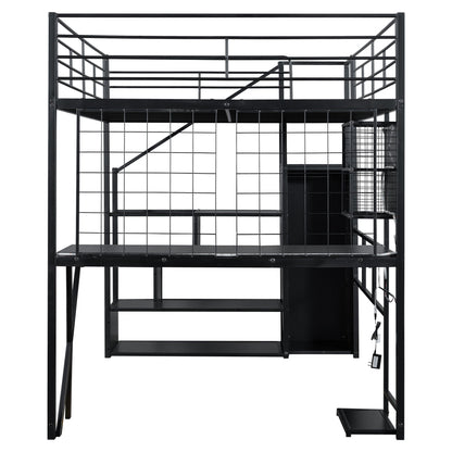 Loft bed with built-in work station and LED in black metal frame with storage staircase on Tampa Home & Garden Store