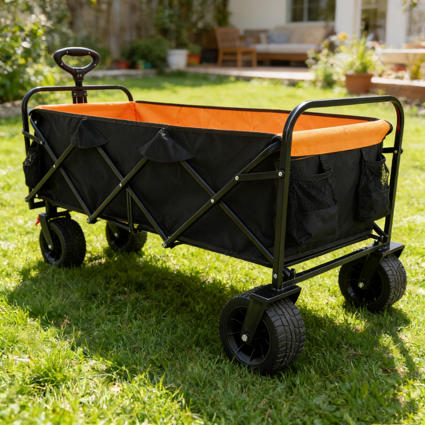 Folding wagon cart with extender, large-capacity, black frame and orange interior on Tampa Home & Garden Store