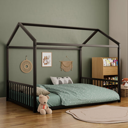 Montessori Floor House Shaped Bed With Safety Guardrails black metal canopy HouseOfZazla on Tampa Home & Garden Store