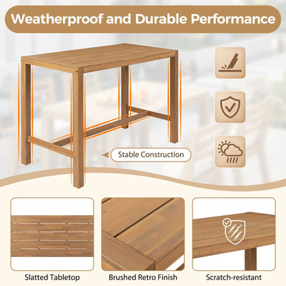 Patio bar table with a slatted wooden tabletop and frame from Unique Piece Furniture 5-piece set on Tampa Home & Garden Store