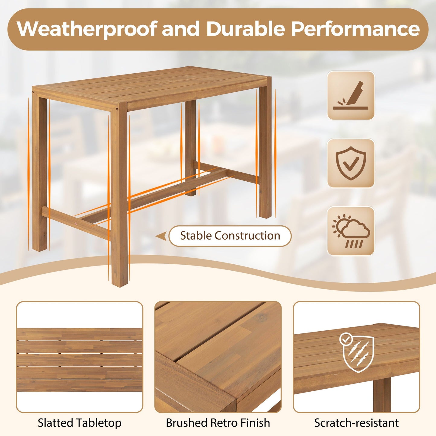 Patio Bar Set With Ergonomic Chairs by HouseOfZazla; 5-piece outdoor furniture in brushed wood on Tampa Home & Garden Store