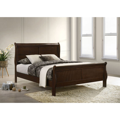 HouseOfZazla Sleigh Bed in dark wood with gray patterned bedding in a paneled bedroom on Tampa Home & Garden Store