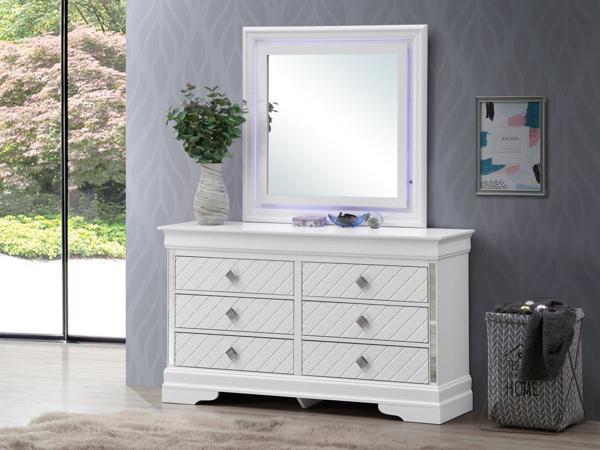 Verona Silver Champagne Dresser with embossed X design, 6-drawer storage on Tampa Home & Garden Store