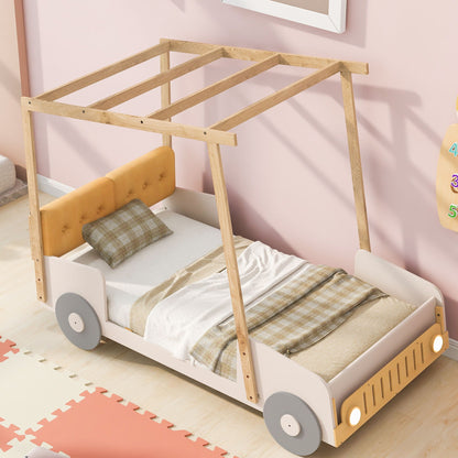 Twin size car bed frame in natural wood with wheel accents and two beds and pillows on Tampa Home & Garden Store