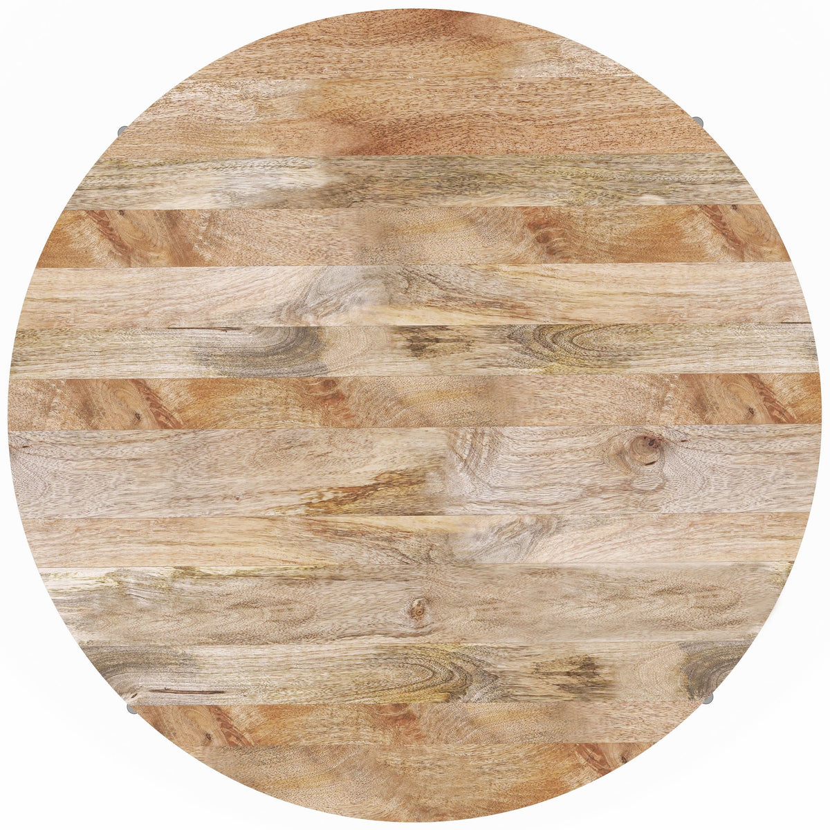 Round mango wood coffee table top with natural plank grain and warm tones, HouseOfZazla on Tampa Home & Garden Store