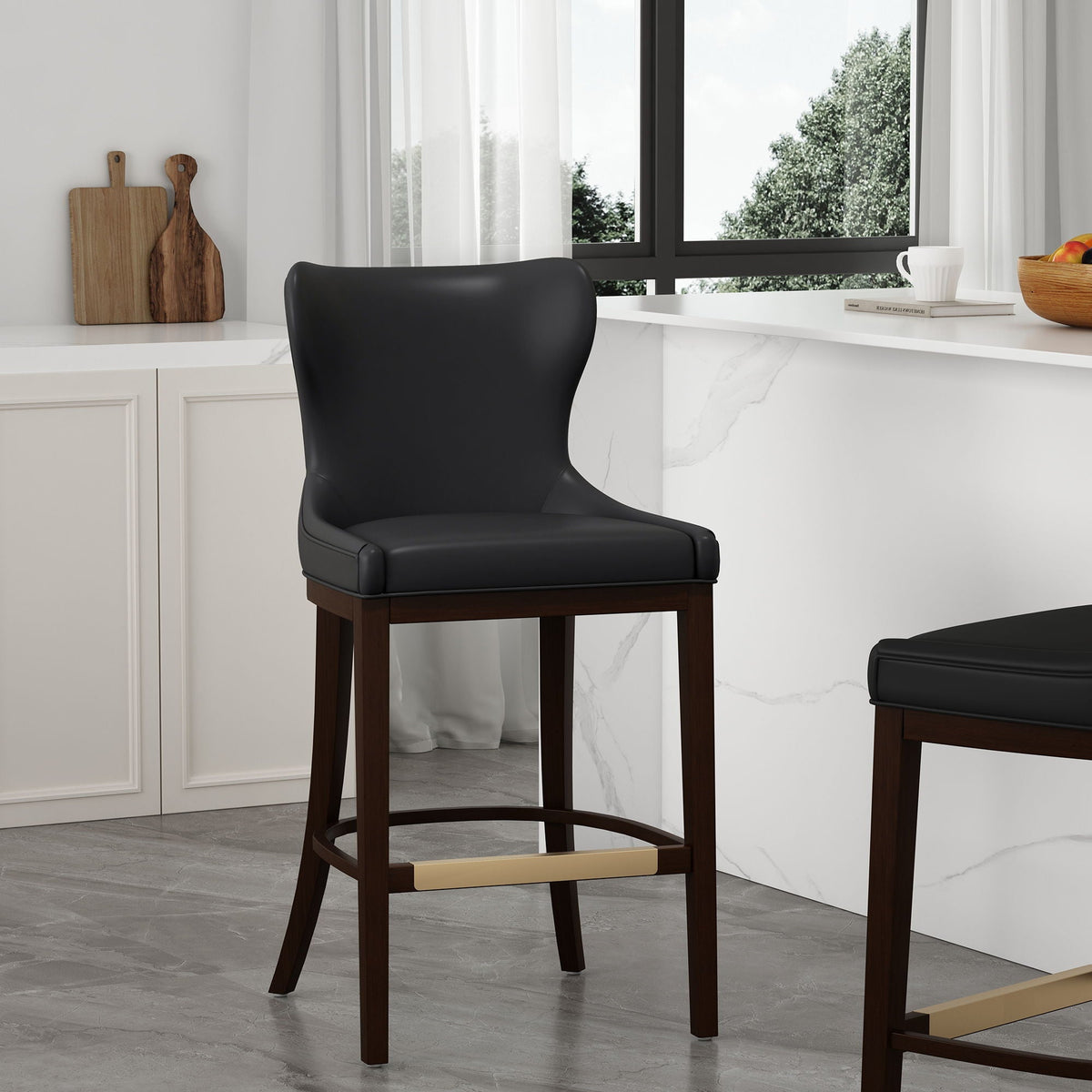 Bar Height Barstool with Backrest, black vinyl seat, dark wood legs, brass footrest on Tampa Home & Garden Store