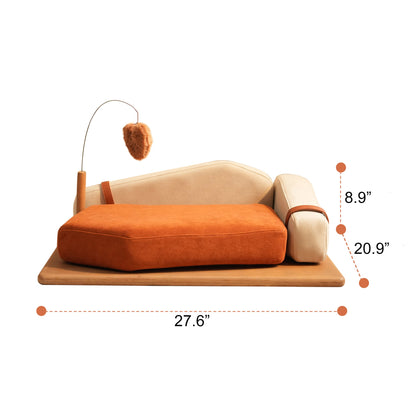Wooden pet bed with orange cushion by HouseOfZazla, natural wood base on Tampa Home & Garden Store