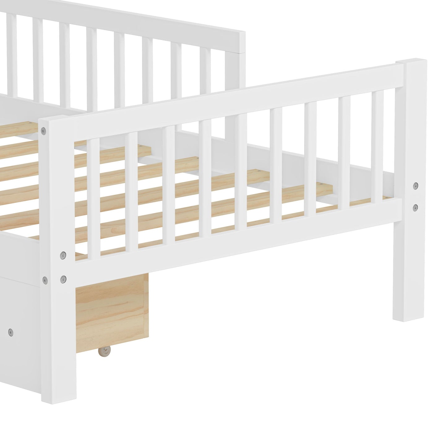 White storage bed with headboard storage rack, 2 under-bed drawers, wood slat supports on Tampa Home & Garden Store