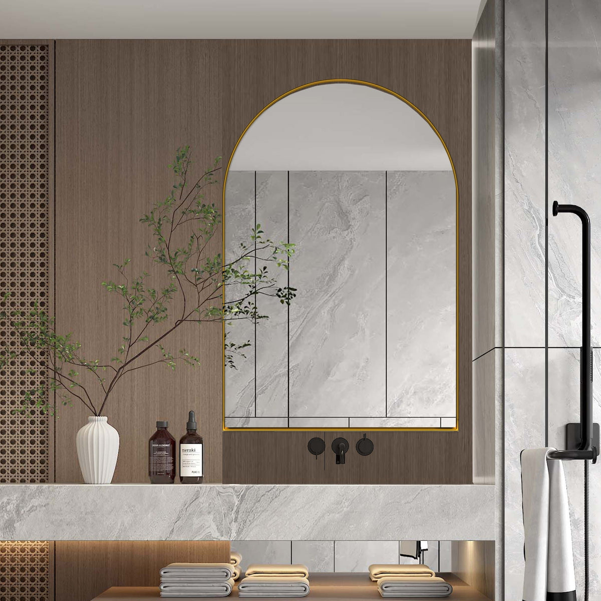 Arched recessed medicine cabinet with gold trim and adjustable shelves on wall HouseOfZazla on Tampa Home & Garden Store
