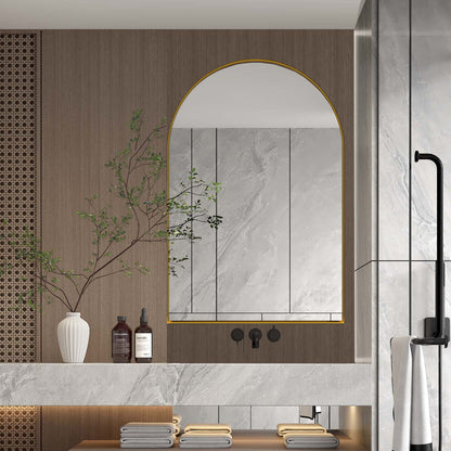 Arched recessed medicine cabinet with gold trim and adjustable shelves on wall HouseOfZazla on Tampa Home & Garden Store