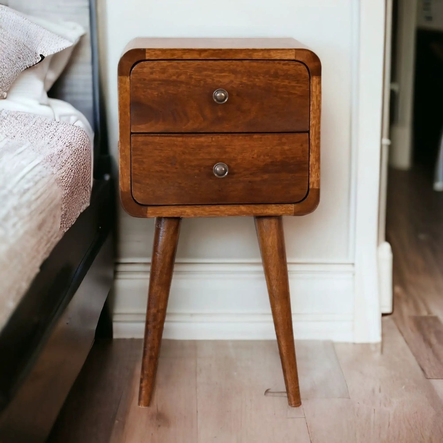 Curved Nightstand Table in Solid Mango Wood