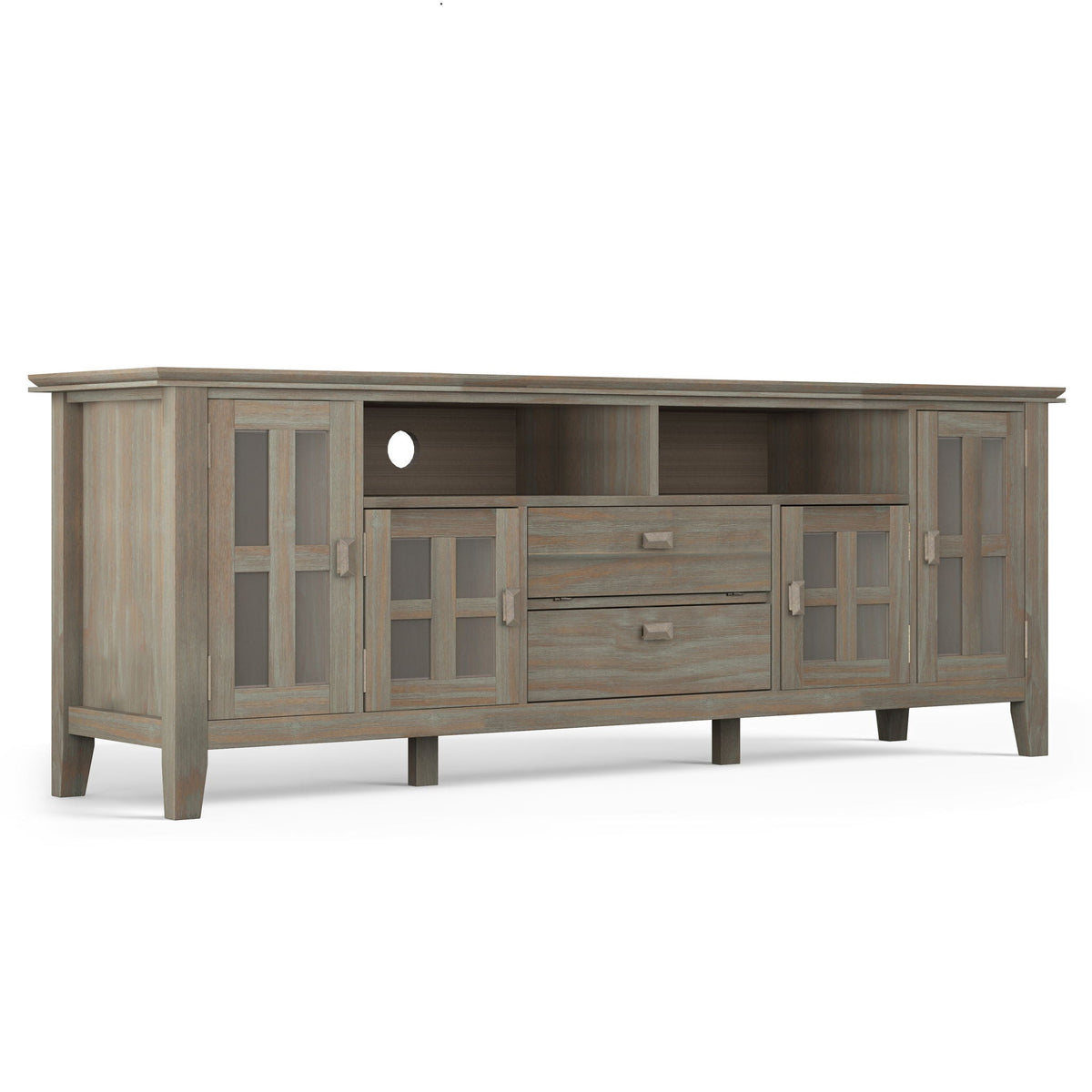Artisan solid wood TV stand with flip drawer in weathered gray finish by HouseOfZazla on Tampa Home & Garden Store