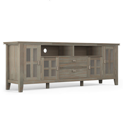 Artisan solid wood TV stand with flip drawer in weathered gray finish by HouseOfZazla on Tampa Home & Garden Store