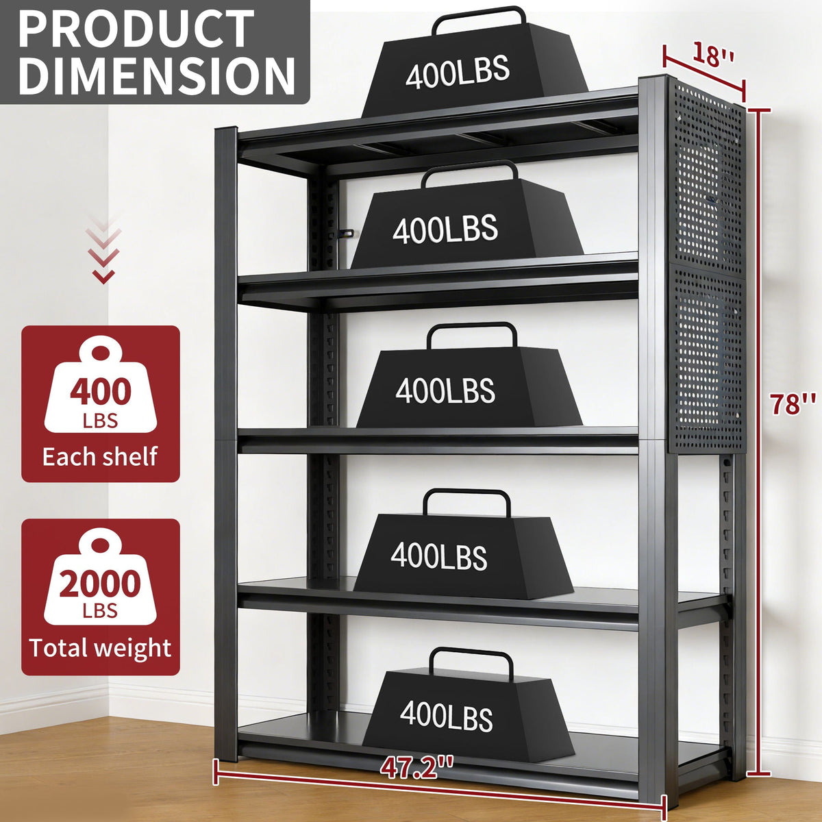 HouseOfZazla 5-tier pegboard shelving unit, black metal, 400 lbs per shelf, 2000 lbs total on Tampa Home & Garden Store