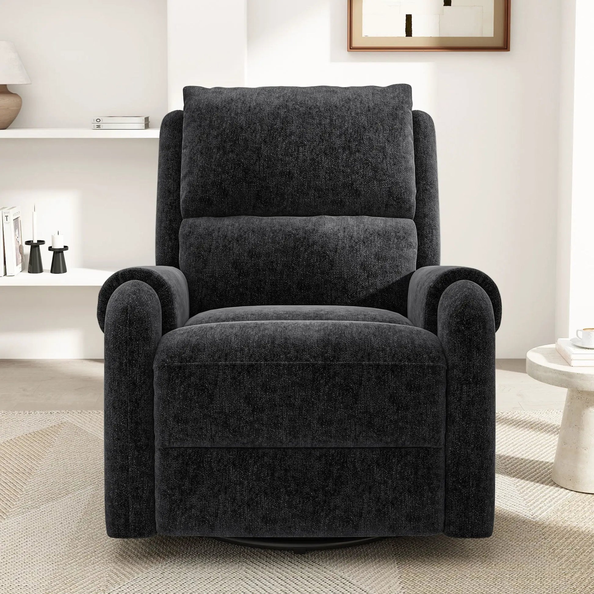 Manual recliner massage chair in dark gray textured fabric with round swivel base on Tampa Home & Garden Store
