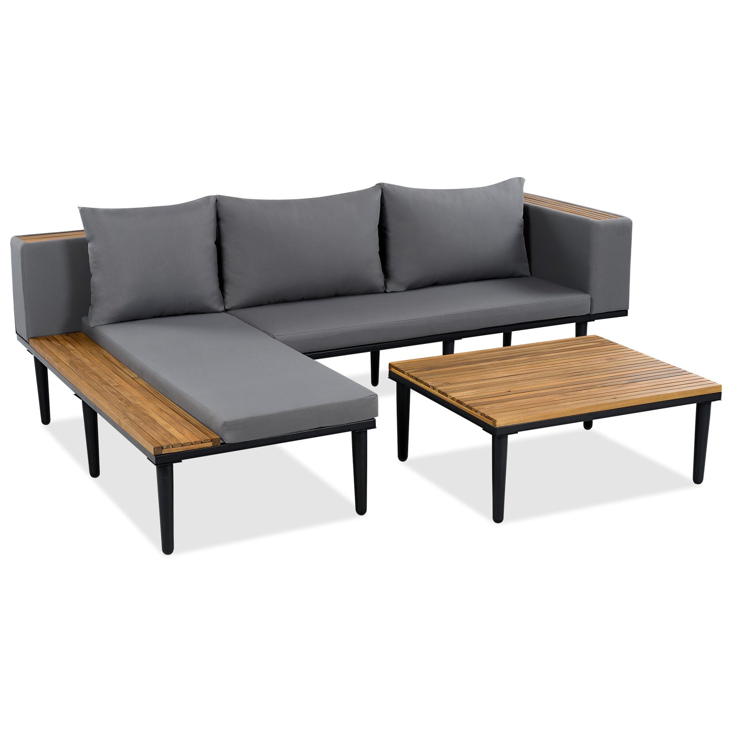 L Shaped Acacia Wood Outdoor Patio Sofa and Table
