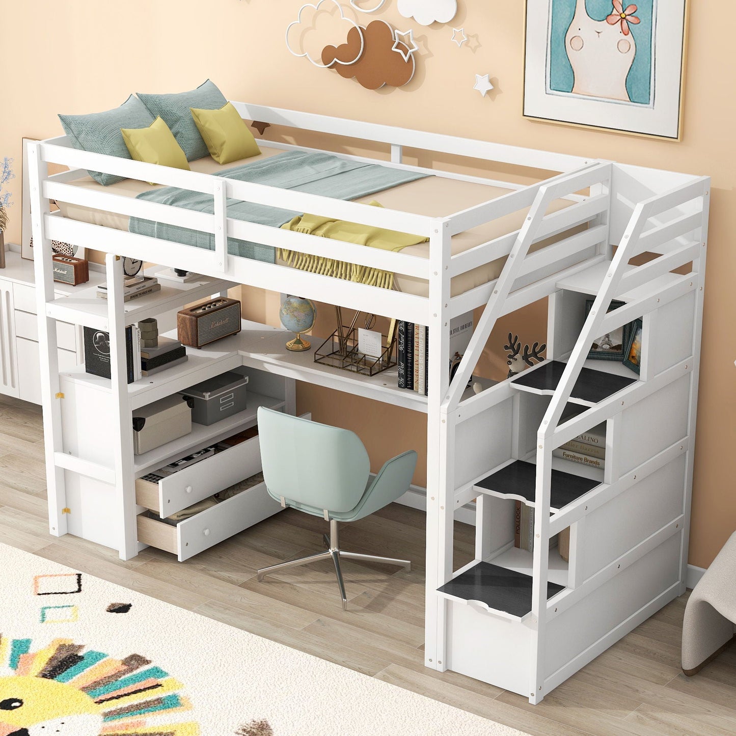 Loft bed with desk in white, shelves, 2 drawers and storage staircase on Tampa Home & Garden Store