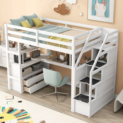 Loft bed with desk in white, shelves, 2 drawers and storage staircase on Tampa Home & Garden Store
