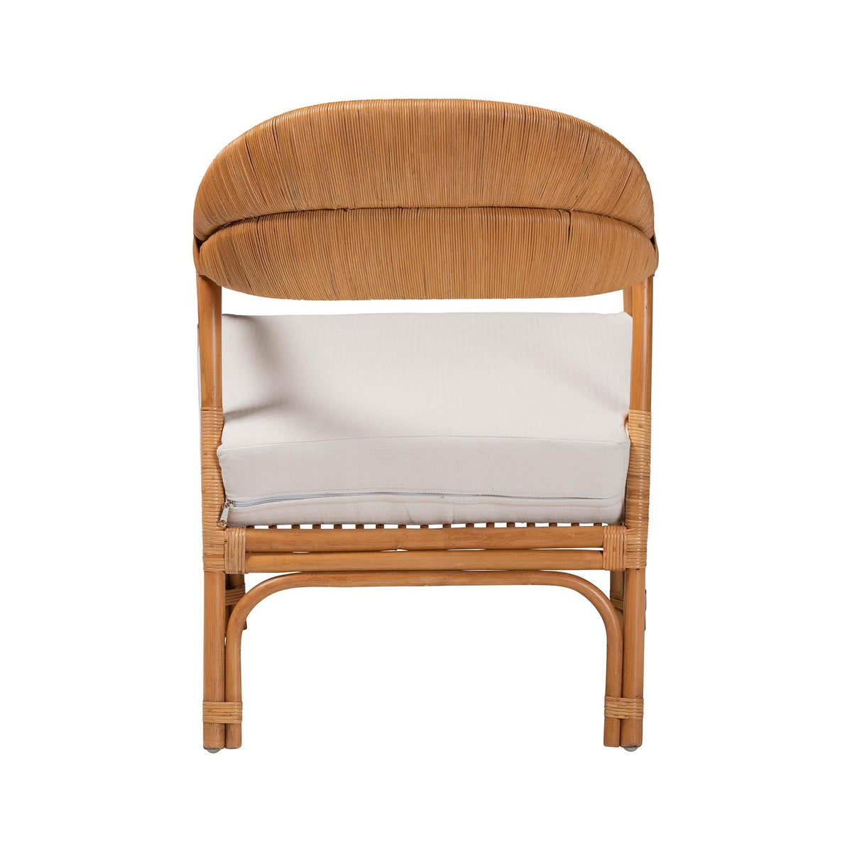 Honey Rattan Accent Chair with beige cushion and curved legs, natural woven back on Tampa Home & Garden Store