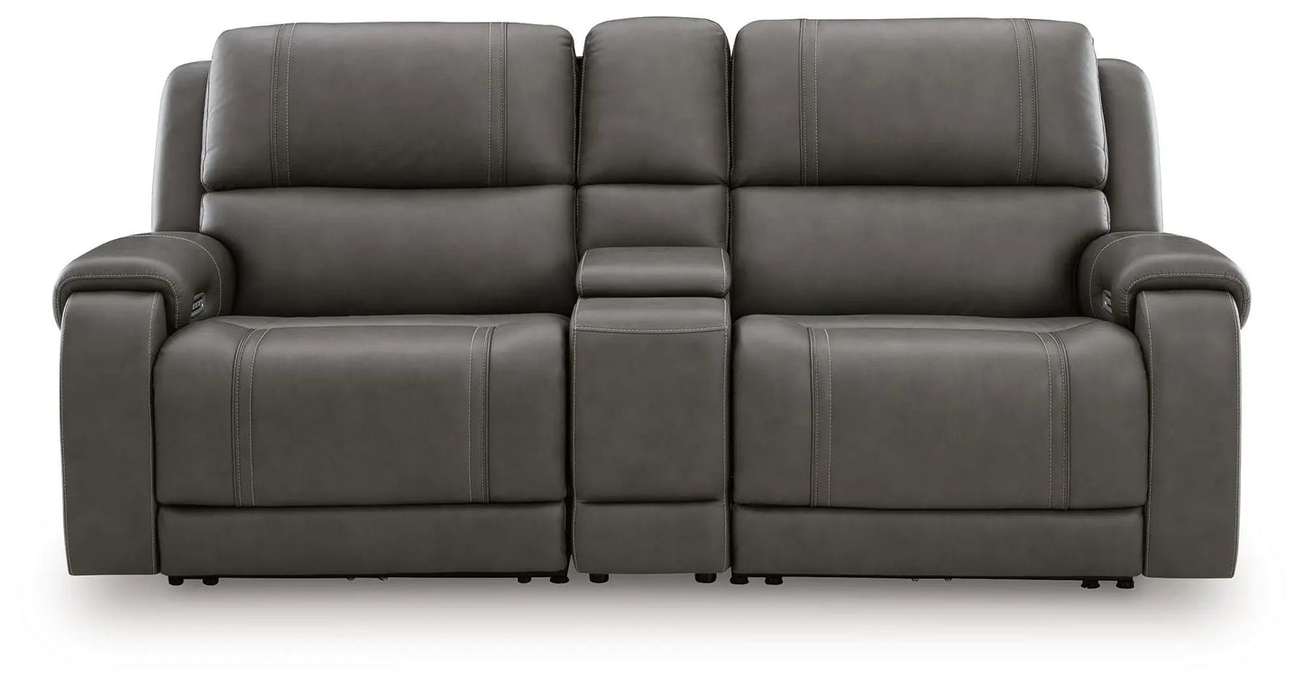 5Z Pittson Power Reclining Sectional in gray leather with center console between recliners on Tampa Home & Garden Store