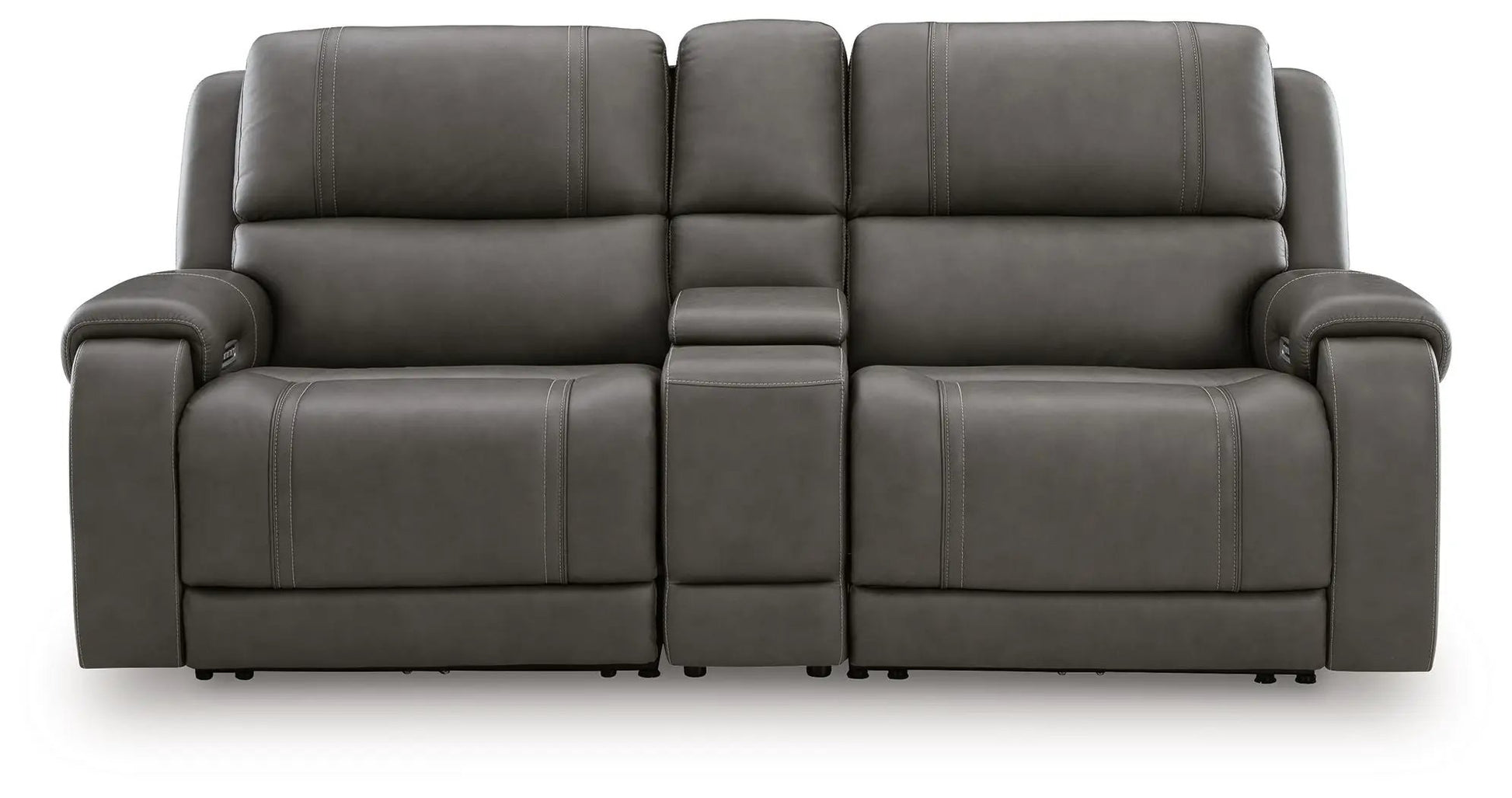 5Z Pittson Power Reclining Sectional in gray leather with center console between recliners on Tampa Home & Garden Store