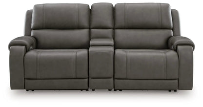 5Z Pittson Power Reclining Sectional in gray leather with center console between recliners on Tampa Home & Garden Store