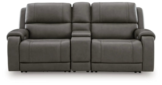 5Z Pittson Power Reclining Sectional in gray leather with center console between recliners on Tampa Home & Garden Store